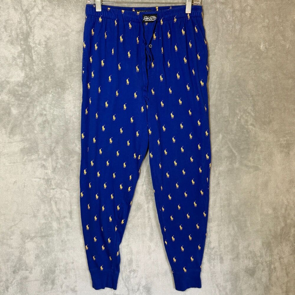 Polo Ralph Lauren All Over Pony Pants Men M Print Sleepwear Joggers Blue Pockets